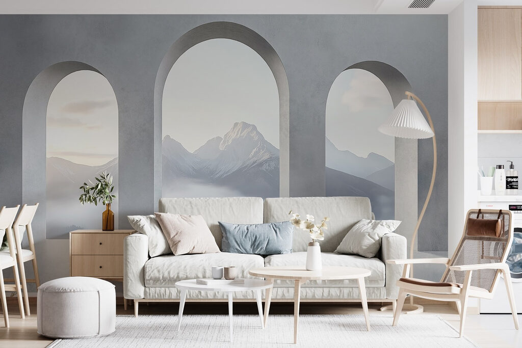 White room with arched windows and mountains in the background White room with arched windows and mountains in the background