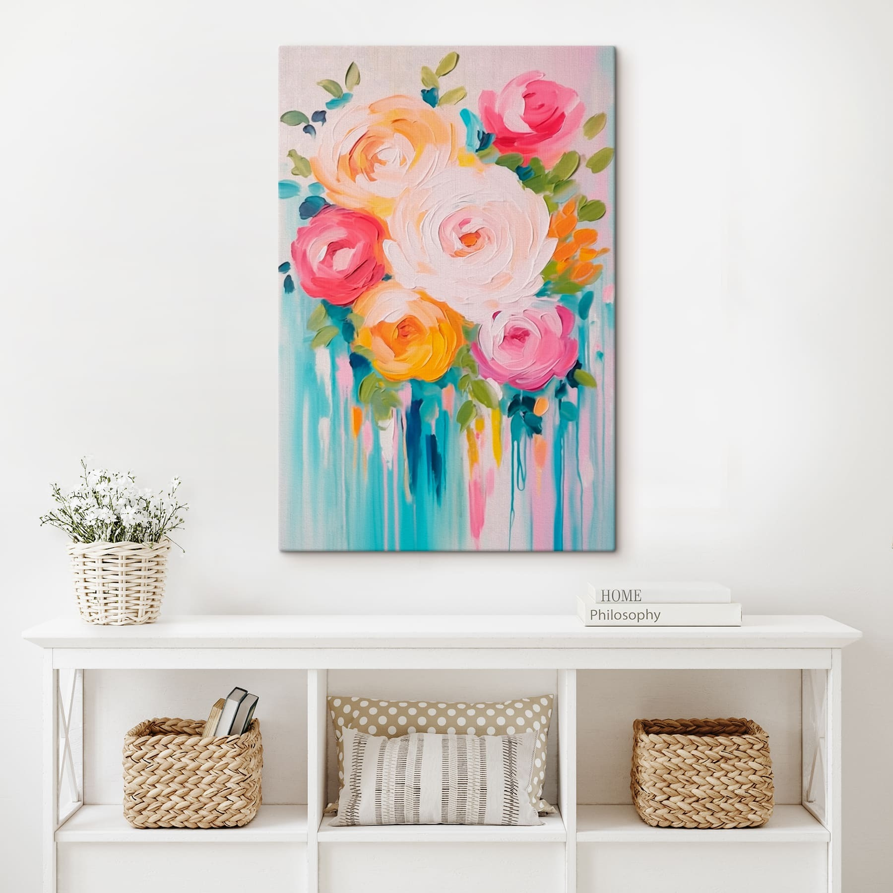 Painting of flowers on a white surface Painting of flowers on a white surface