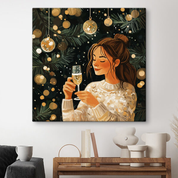 Quadri Quadri Una donna con un bicchiere di champagne in mano sotto un albero di Natale (COD: s42102)