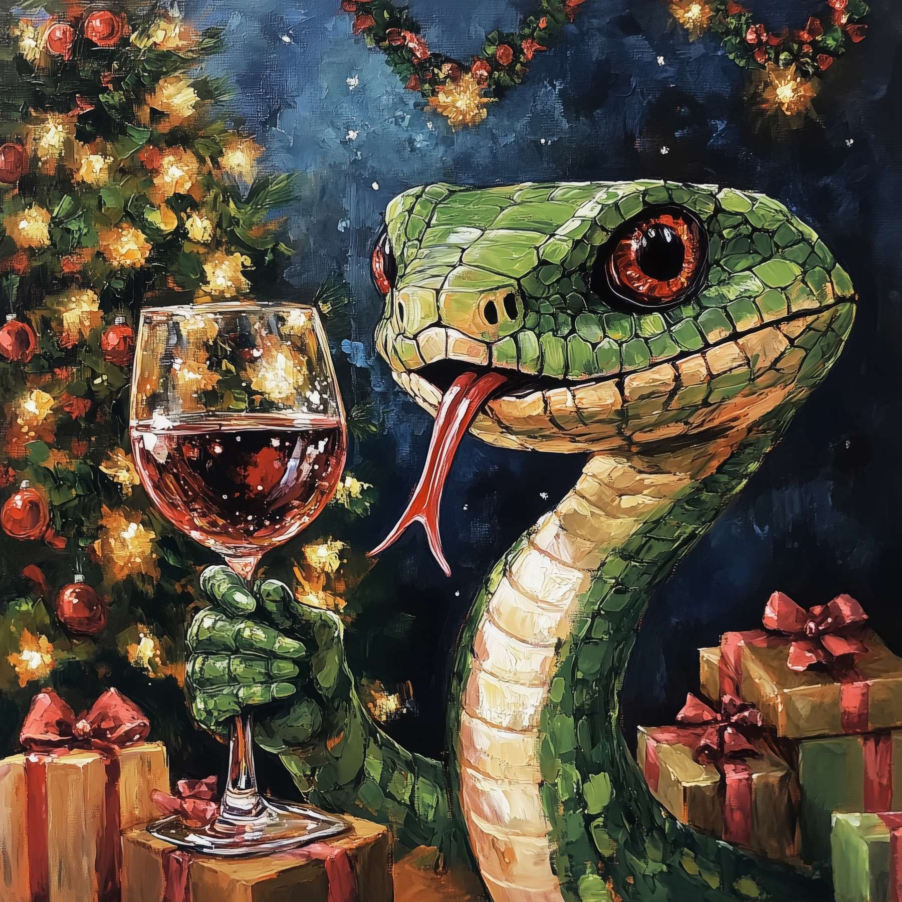 Painting of a snake holding a glass of wine
