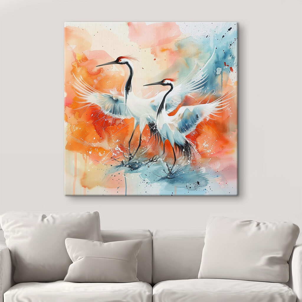 Painting of cranes with colorful background Painting of cranes with colorful background
