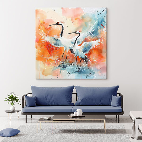 Painting of cranes with colorful background Painting of cranes with colorful background