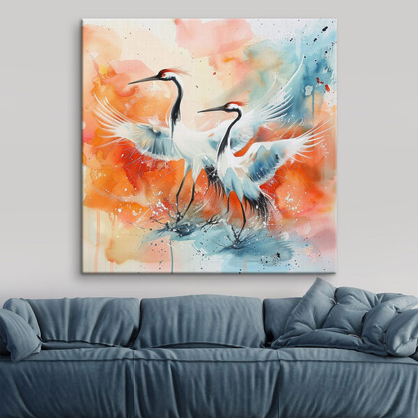 Painting of cranes with colorful background Painting of cranes with colorful background