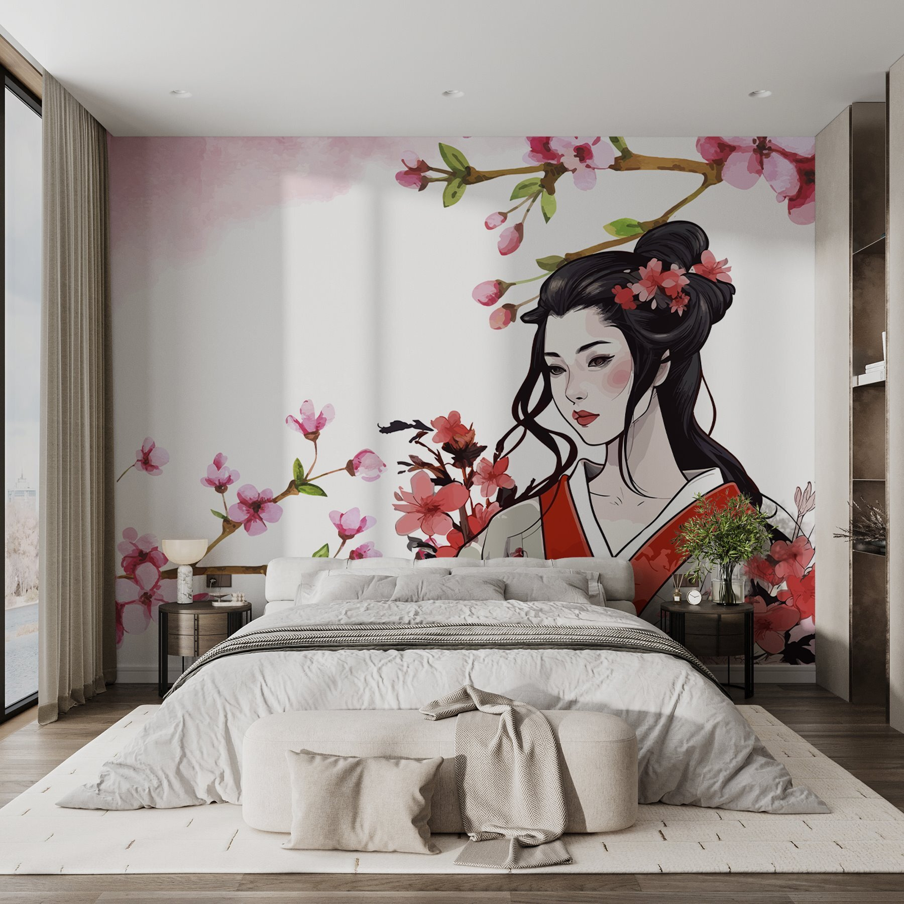 Woman in a kimono with flowers