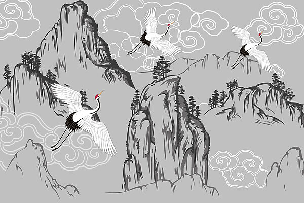 Carta da parati con gru e montagne Carta da parati con gru e montagne