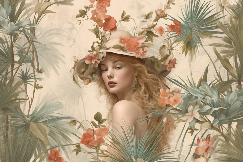 Woman in a hat surrounded by flowers