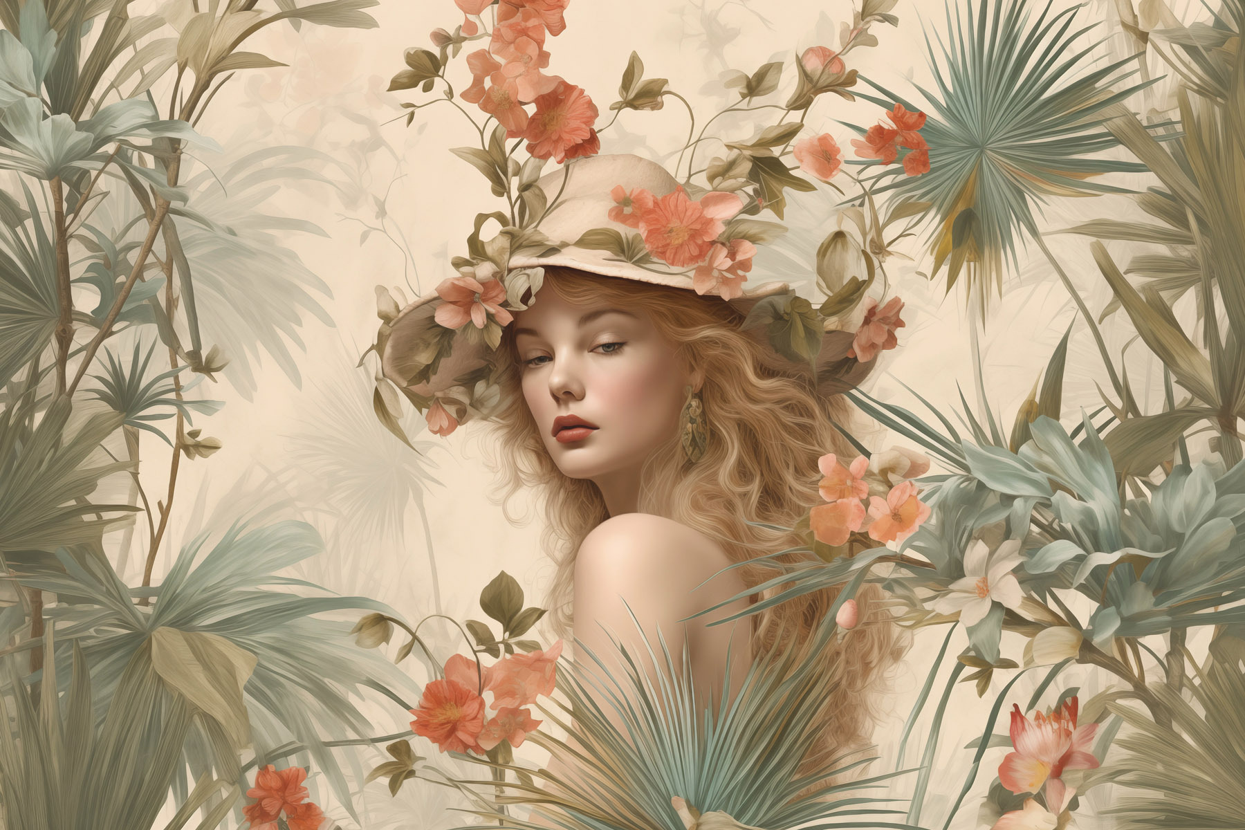 Woman in a hat surrounded by flowers