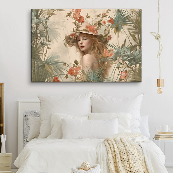 Woman in a hat surrounded by flowers