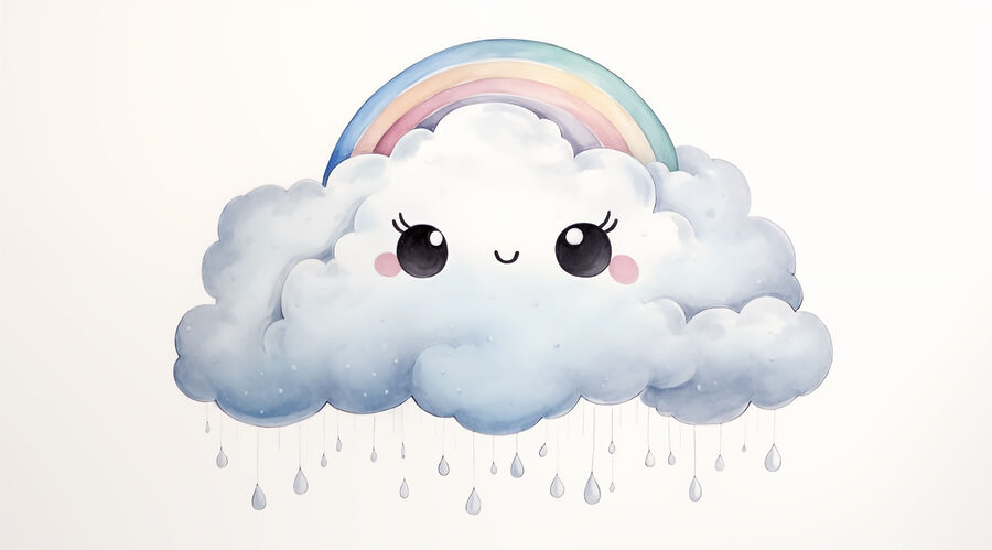 Cartone animato di una nuvola con arcobaleno e gocce di pioggia