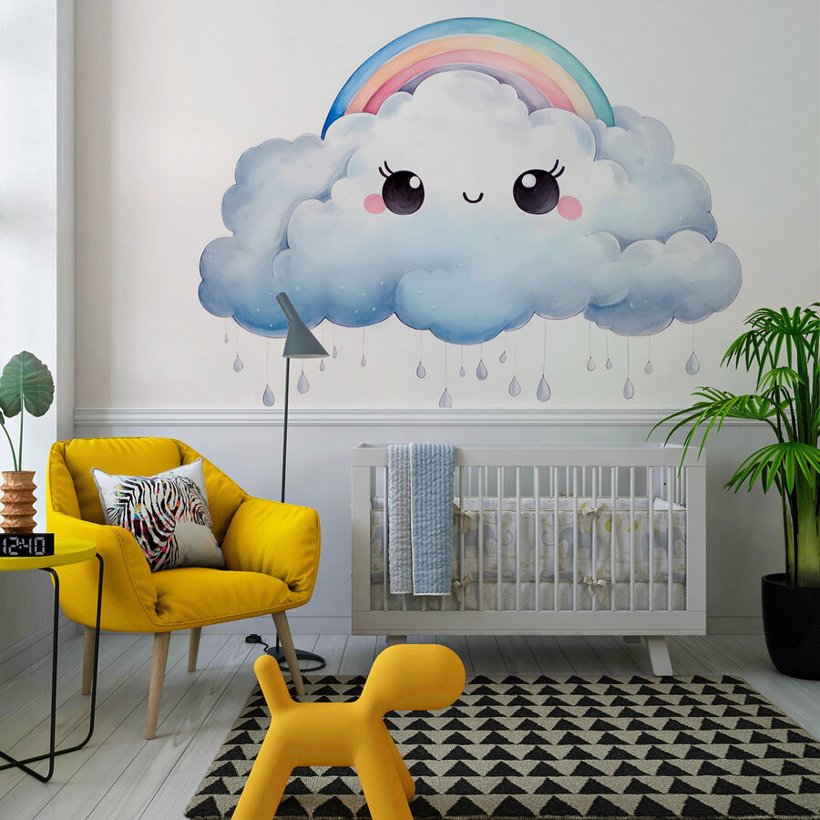 Cartone animato di una nuvola con arcobaleno e gocce di pioggia