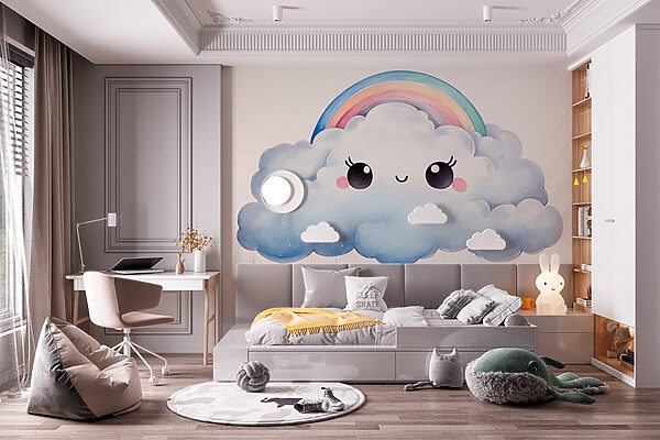 Cartone animato di una nuvola con arcobaleno e gocce di pioggia Cartone animato di una nuvola con arcobaleno e gocce di pioggia