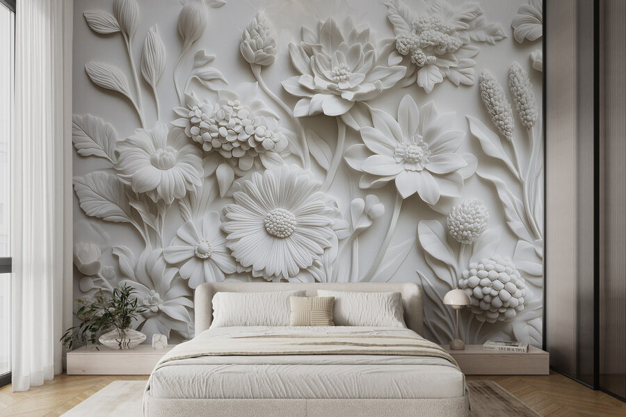 Scultura di fiori bianchi su una superficie bianca