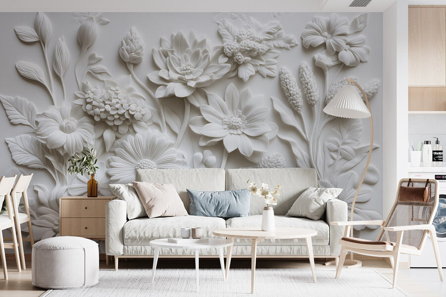 Scultura di fiori bianchi su una superficie bianca
