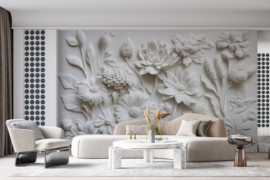Scultura di fiori bianchi su una superficie bianca