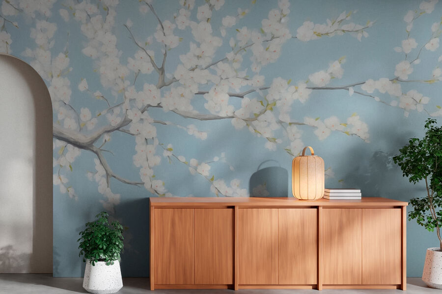 Pittura di un albero con fiori bianchi Pittura di un albero con fiori bianchi