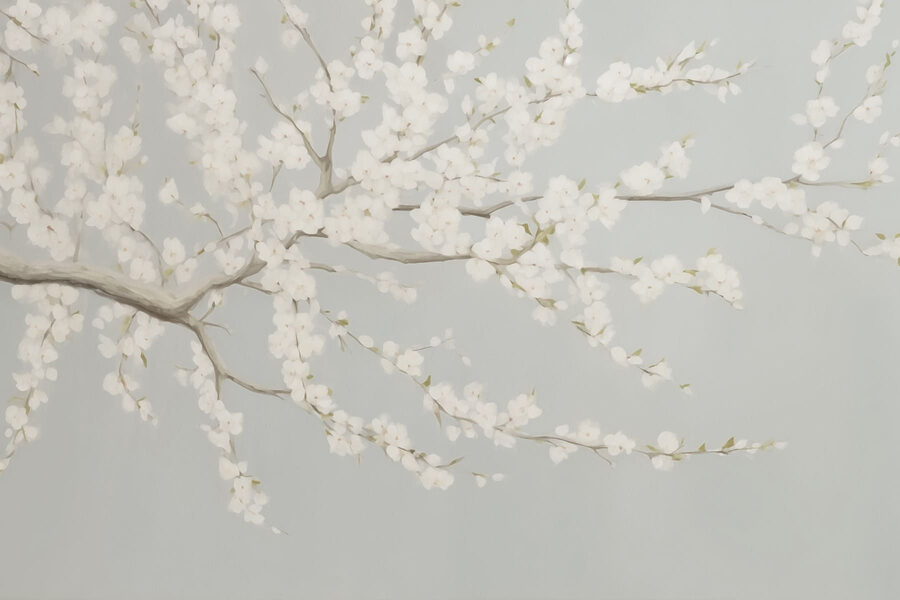 Pittura di un albero con fiori bianchi