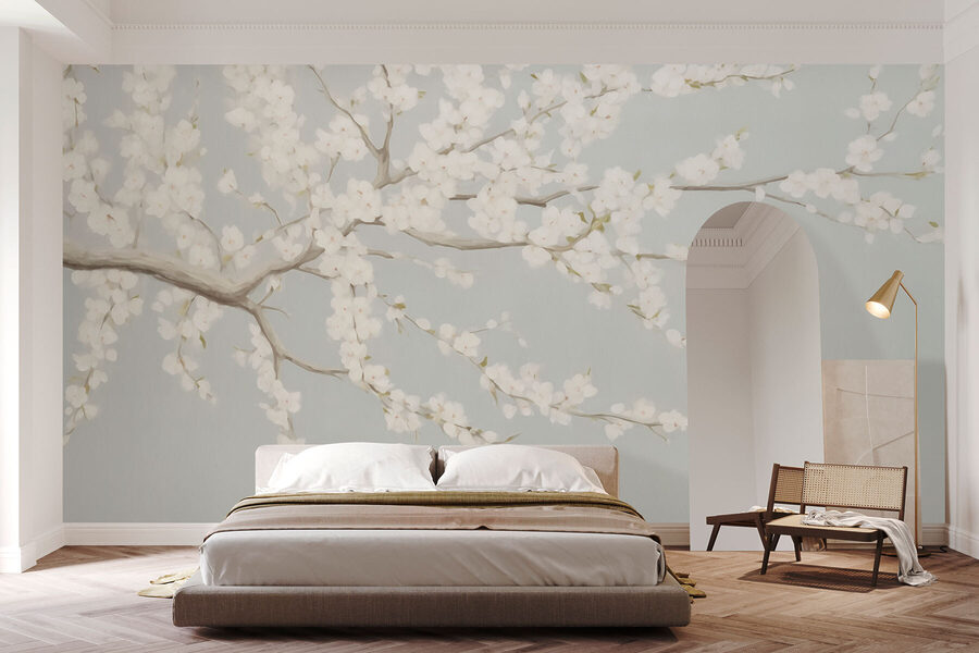 Pittura di un albero con fiori bianchi