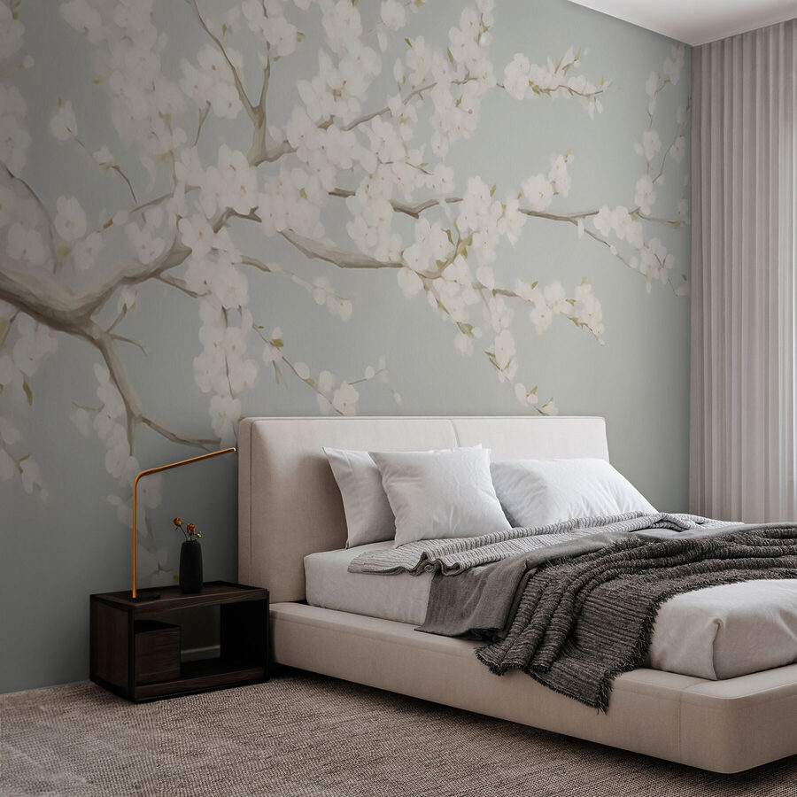 Pittura di un albero con fiori bianchi