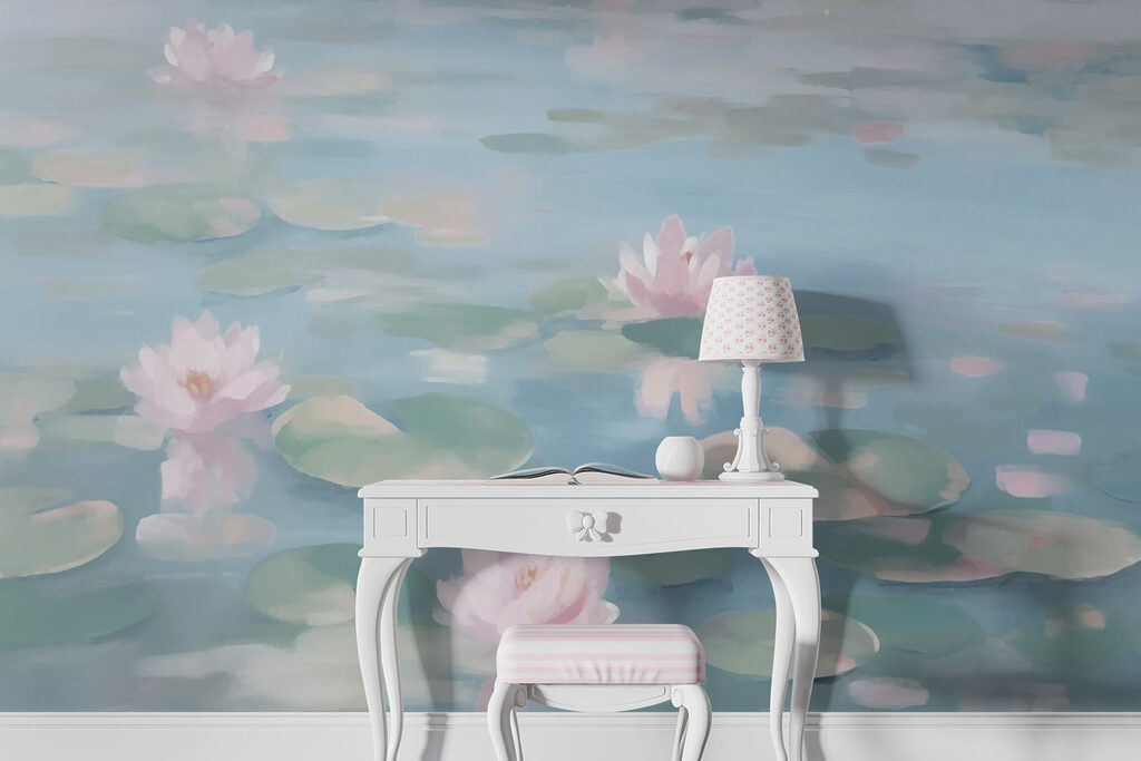 Water with lily pads and pink flowers