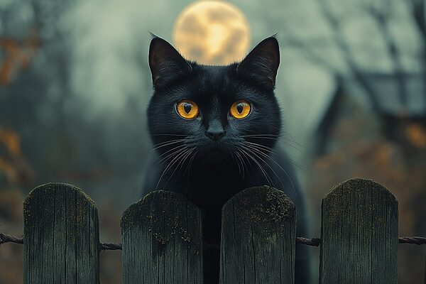 Black cat with yellow eyes behind a fence Black cat with yellow eyes behind a fence