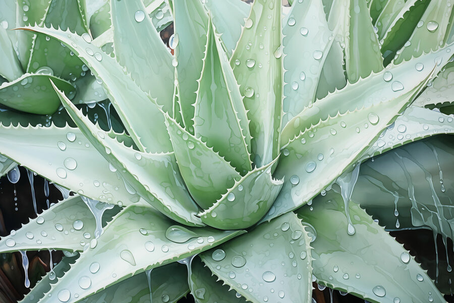 Aloe vibrante con gocce di pioggia rinfrescanti