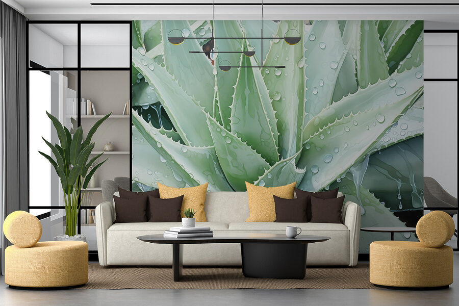Aloe vibrante con gocce di pioggia rinfrescanti