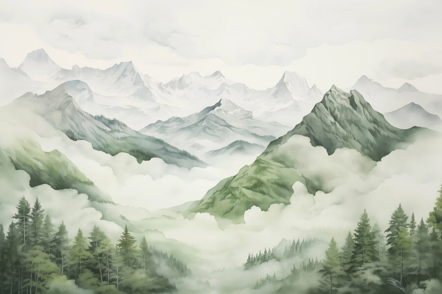 Pittura di montagne e alberi