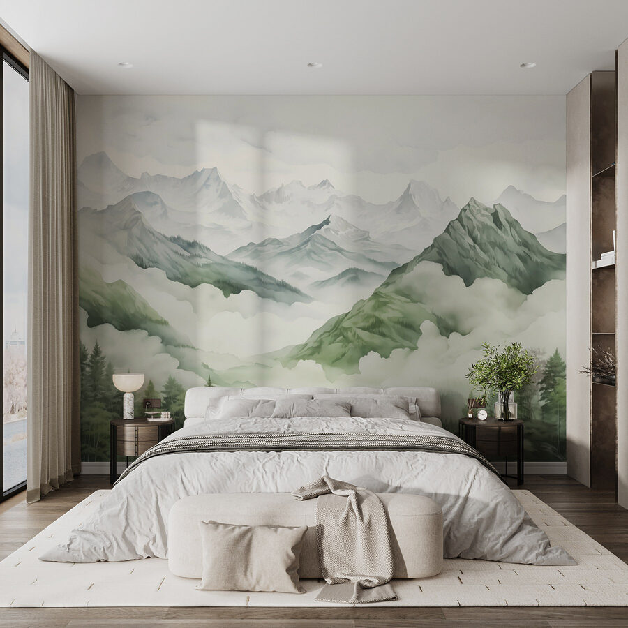 Pittura di montagne e alberi