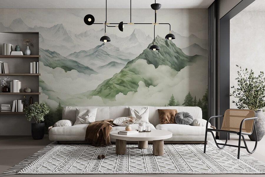 Pittura di montagne e alberi