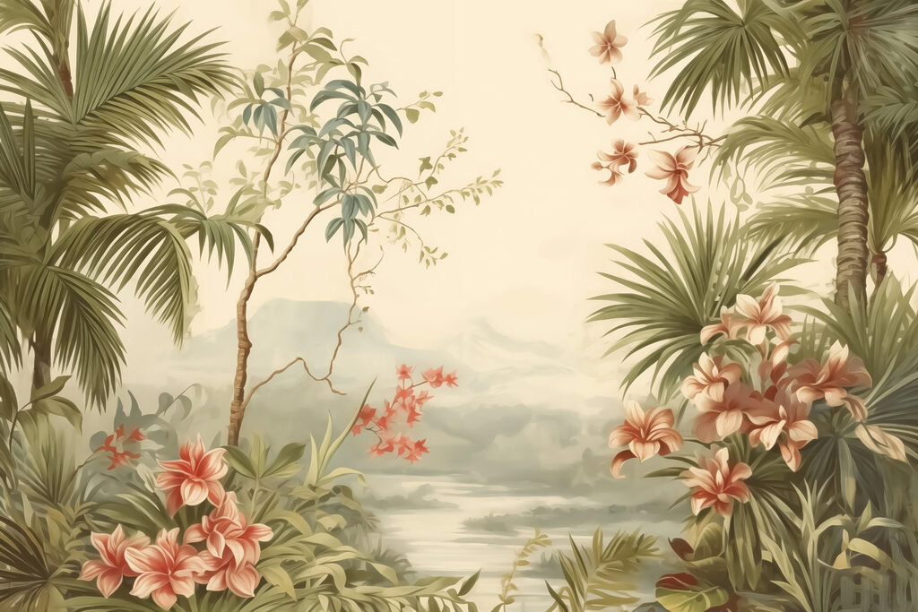 Carta da parati con fiori e alberi Carta da parati con fiori e alberi
