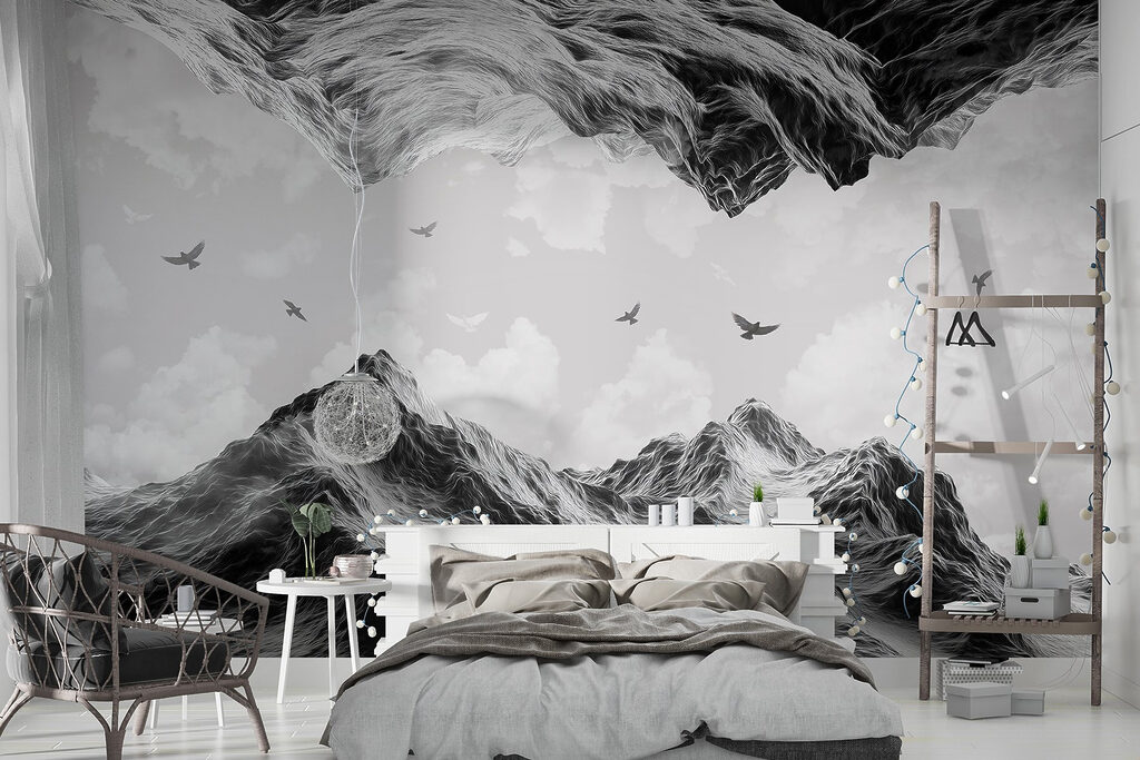 Group of birds flying over a mountain Group of birds flying over a mountain
