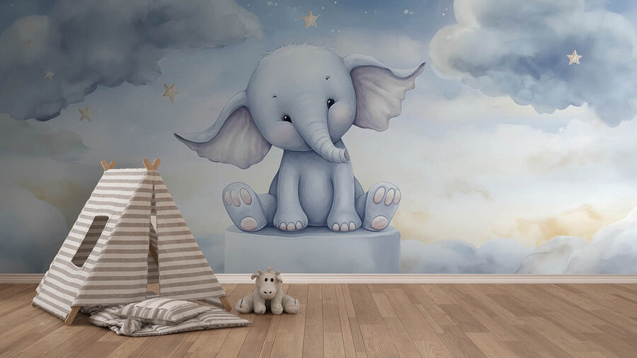 Cartone animato di un elefante seduto su una piattaforma Cartone animato di un elefante seduto su una piattaforma