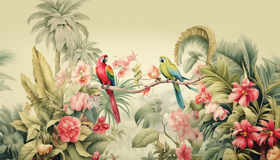 Carta da parati Coppia di pappagalli su un ramo con fiori - immagine 4