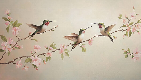 Pittura di colibrì su un ramo con fiori Pittura di colibrì su un ramo con fiori