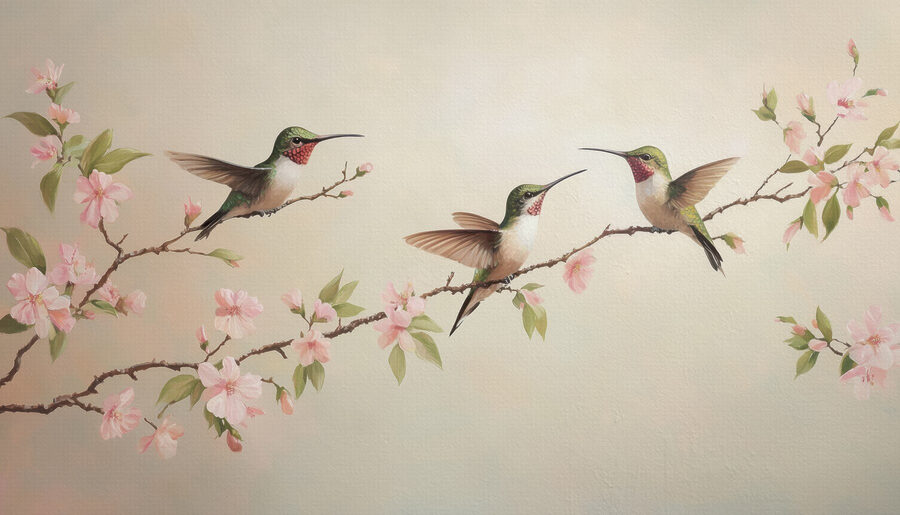 Pittura di colibrì su un ramo con fiori Pittura di colibrì su un ramo con fiori
