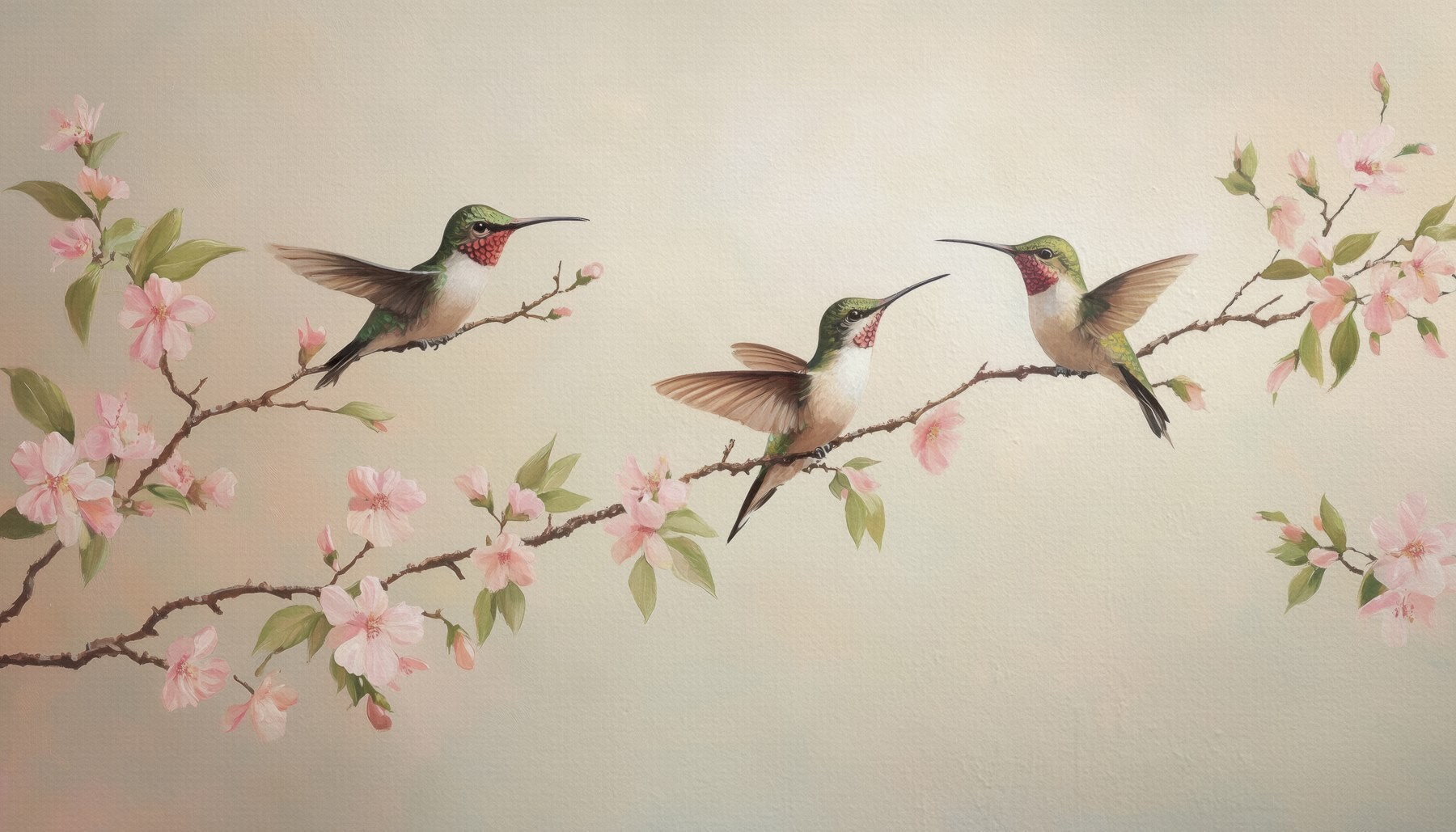 Painting of hummingbirds on a branch with flowers