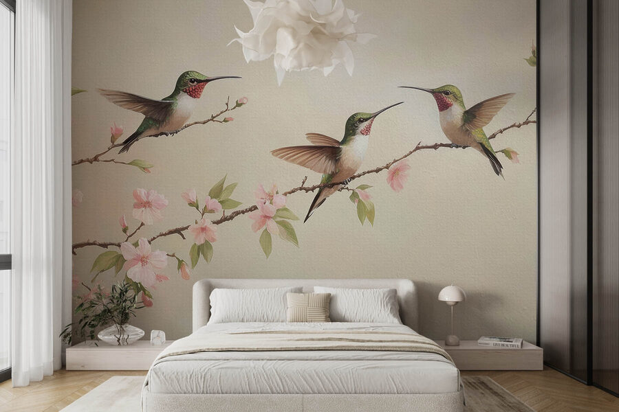 Pittura di colibrì su un ramo con fiori Pittura di colibrì su un ramo con fiori