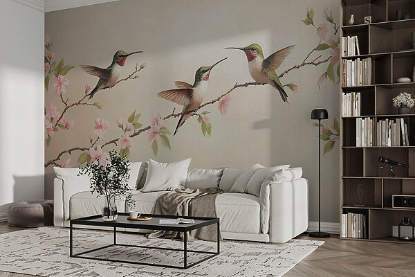 Pittura di colibrì su un ramo con fiori Pittura di colibrì su un ramo con fiori