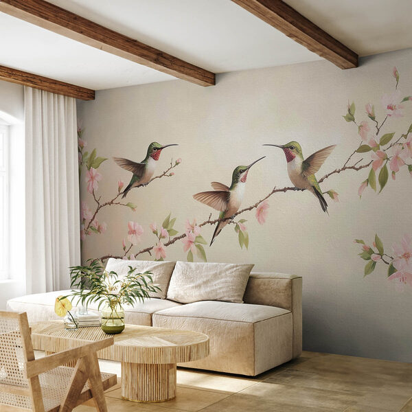 Pittura di colibrì su un ramo con fiori Pittura di colibrì su un ramo con fiori