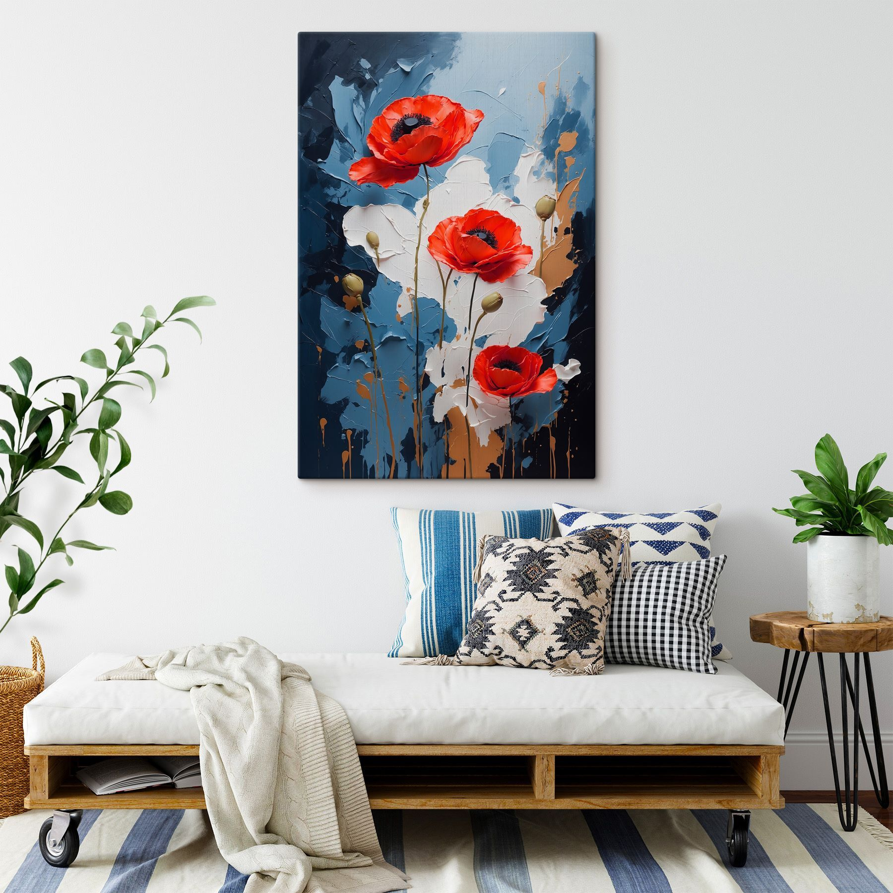 Painting of flowers on a blue and white background