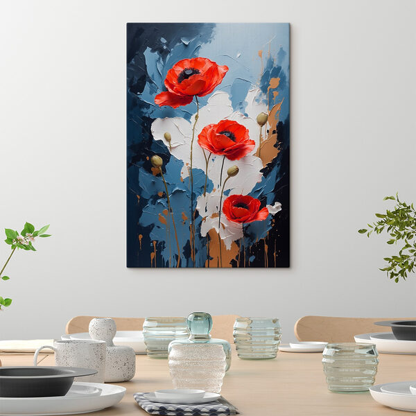 Painting of flowers on a blue and white background