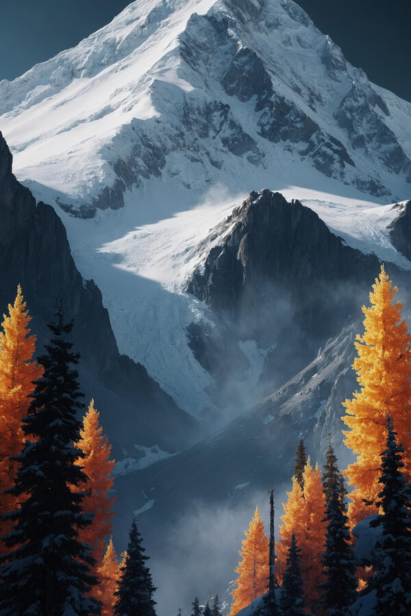 Snowy mountain with trees and snow Snowy mountain with trees and snow
