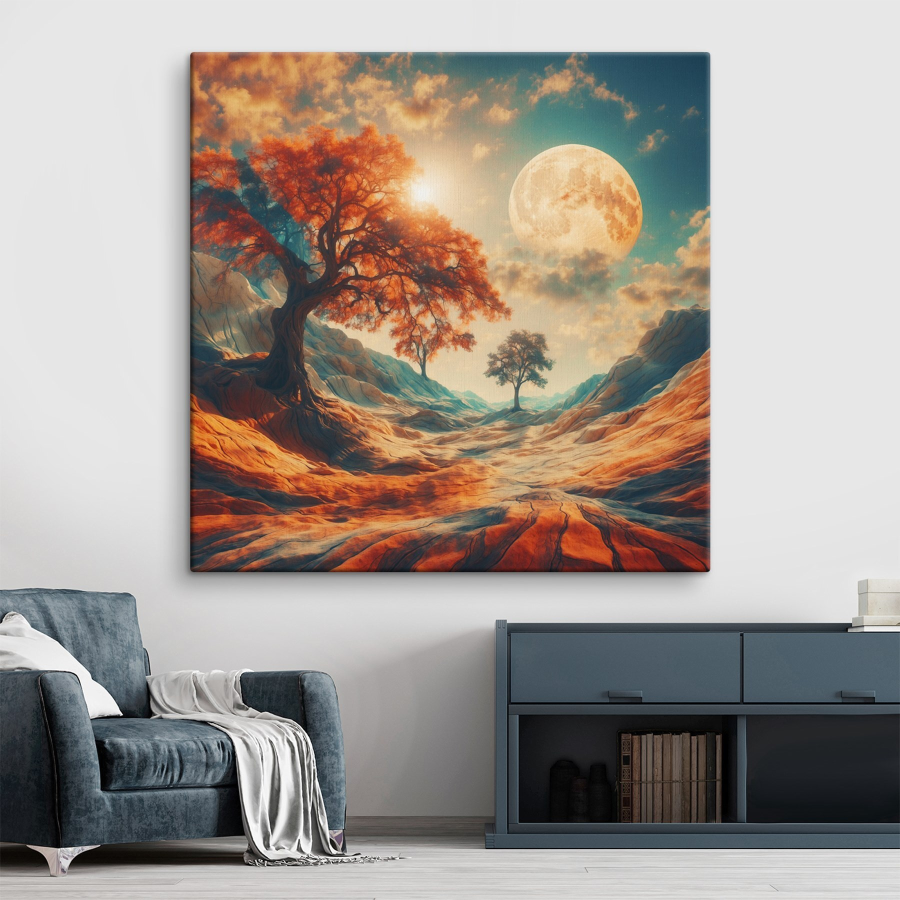 Landscape with trees and mountains and a moon Landscape with trees and mountains and a moon