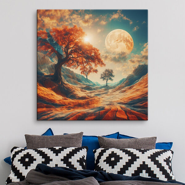 Landscape with trees and mountains and a moon Landscape with trees and mountains and a moon