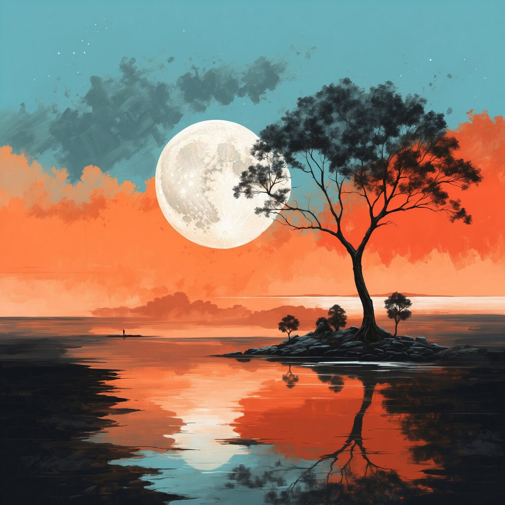 Tree on a island in the middle of a body of water with a full moon in the background