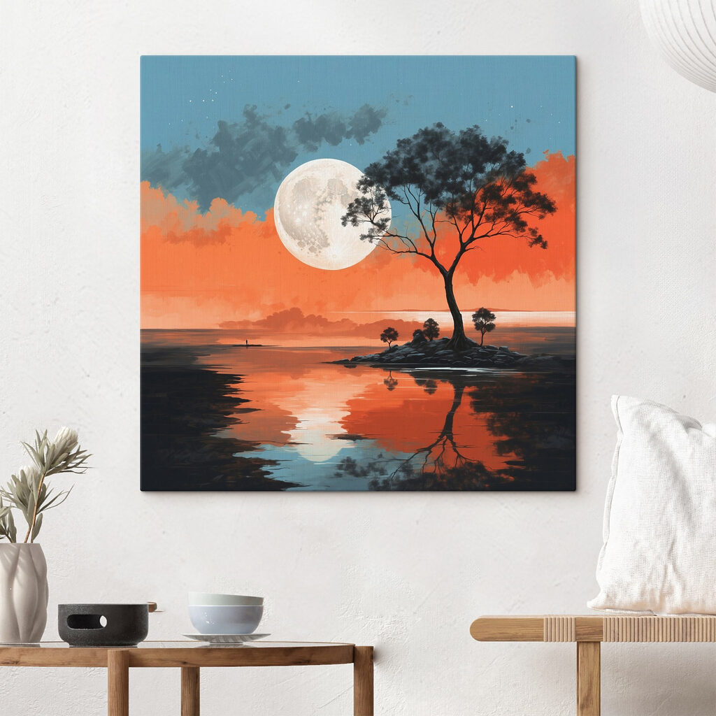 Tree on a island in the middle of a body of water with a full moon in the background