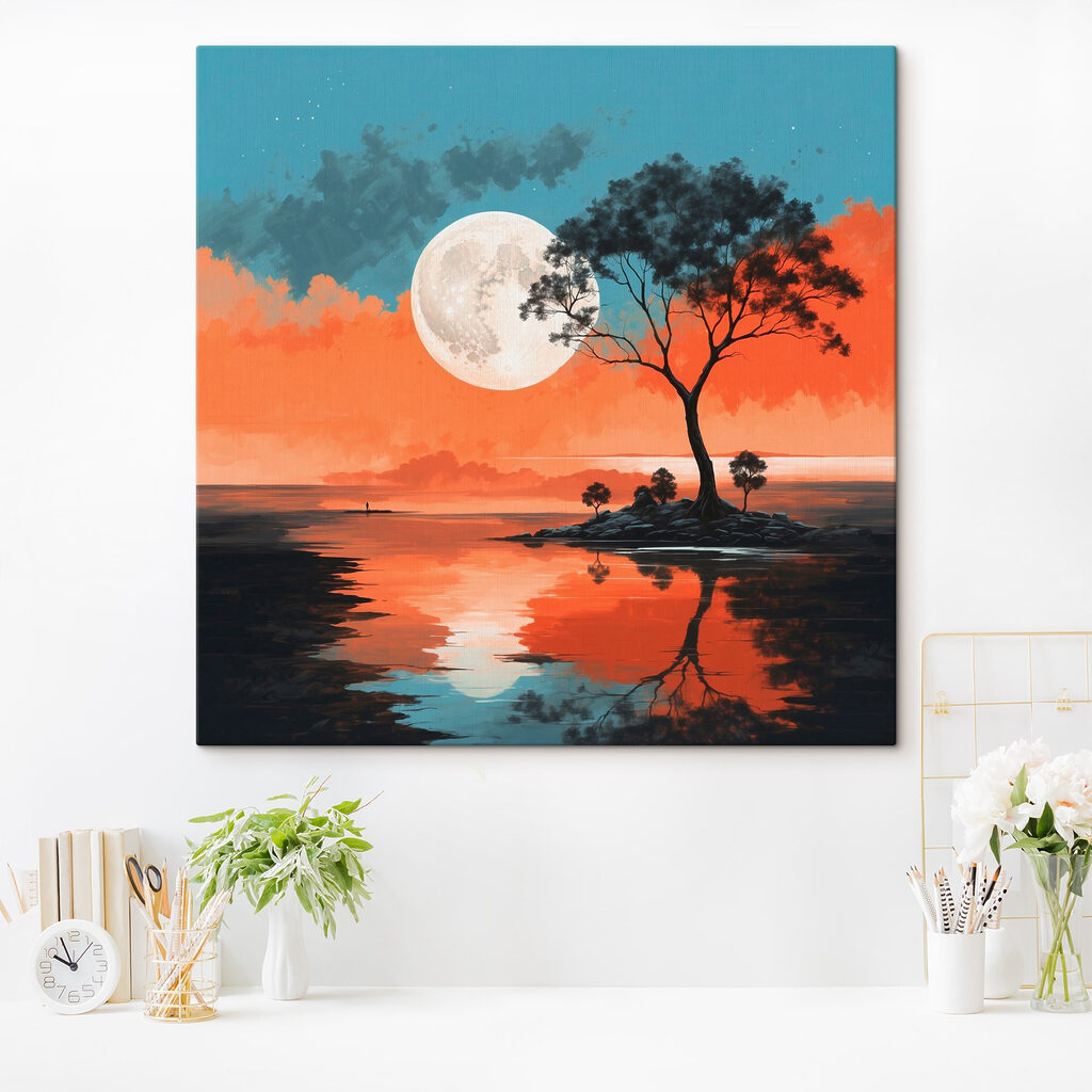 Tree on a island in the middle of a body of water with a full moon in the background