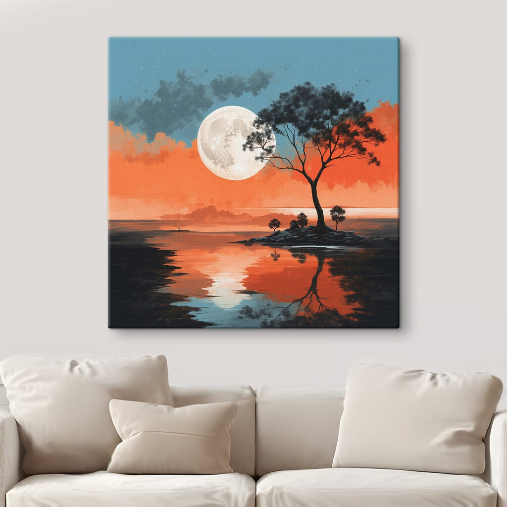 Tree on a island in the middle of a body of water with a full moon in the background