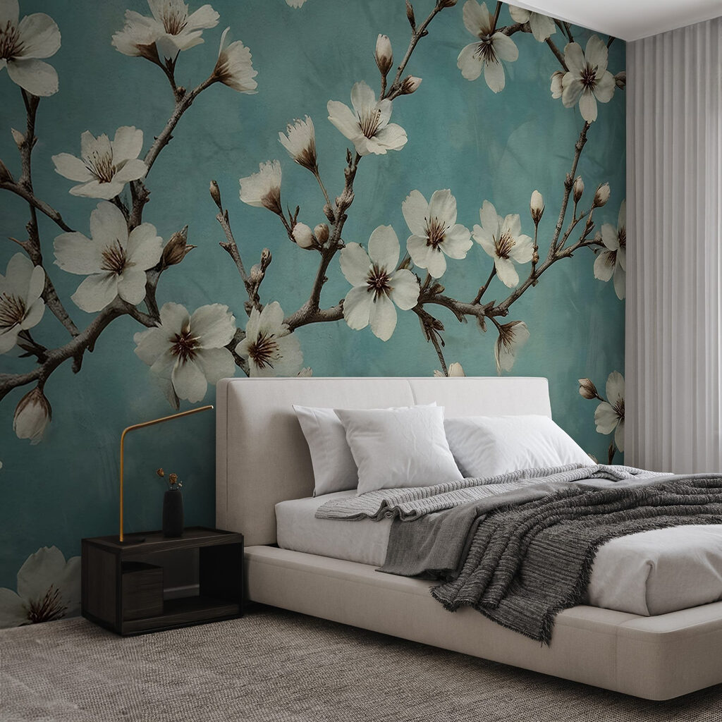 Blossoms dancing against a blue background