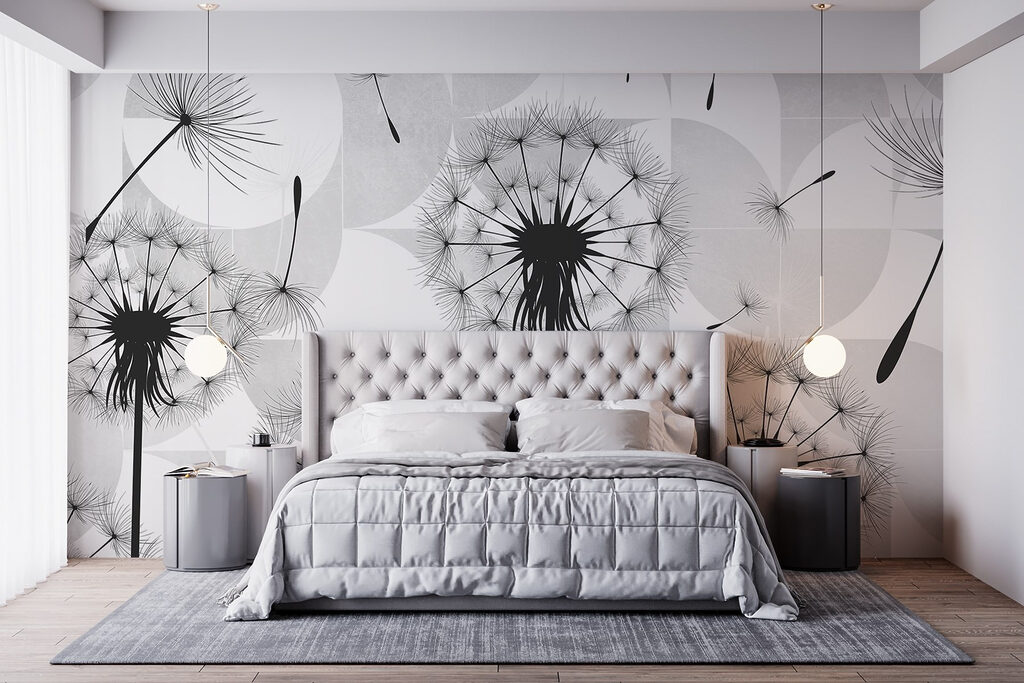 Black dandelion seeds flying in the air